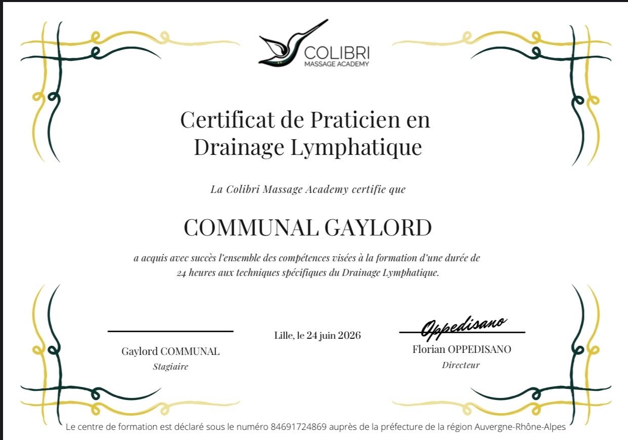 Diplôme de praticien en drainage lymphatique agrandi